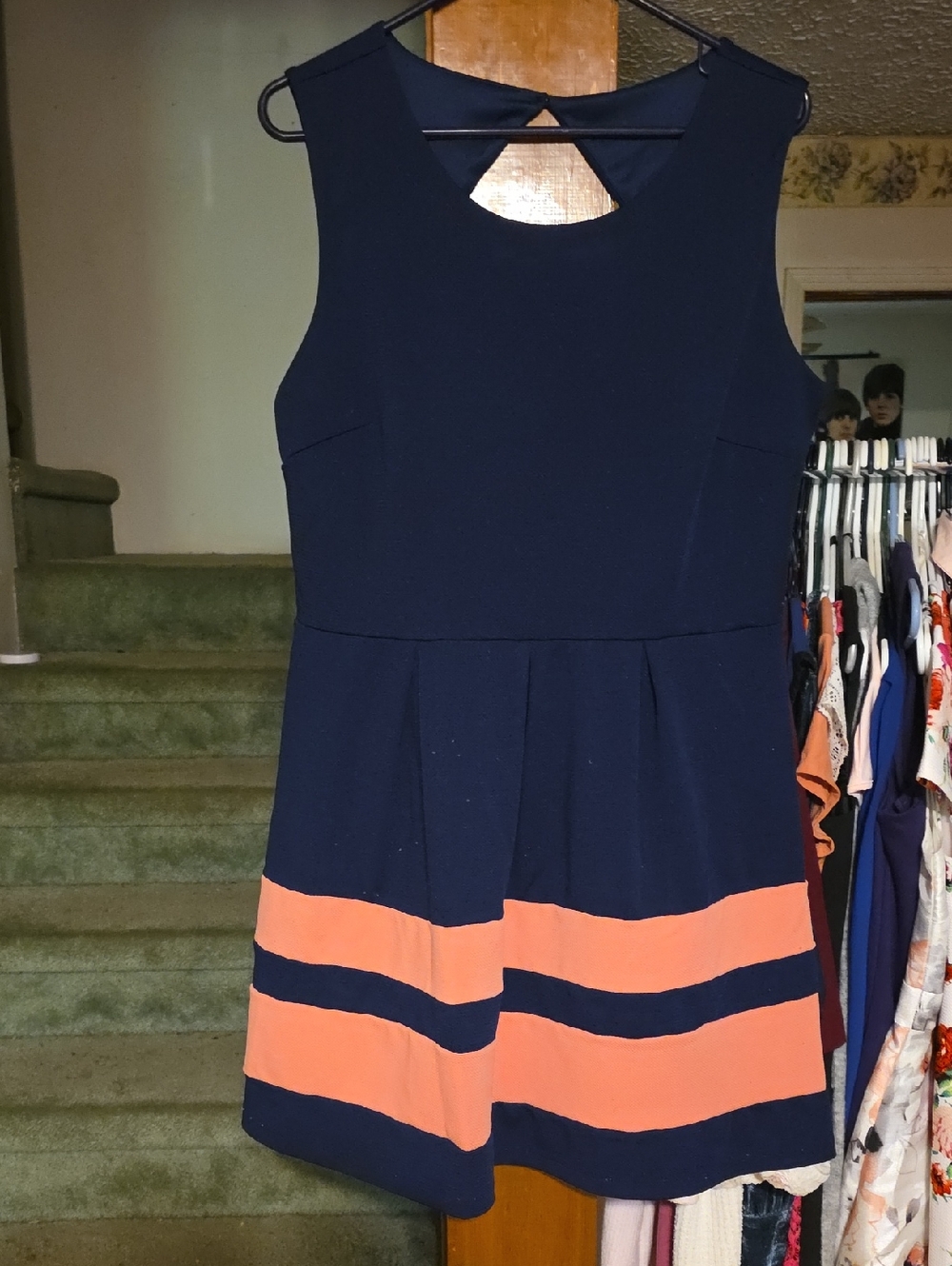 Enfocus Studio Navy and Coral Pleated Fit-and-Flare Girls Dress